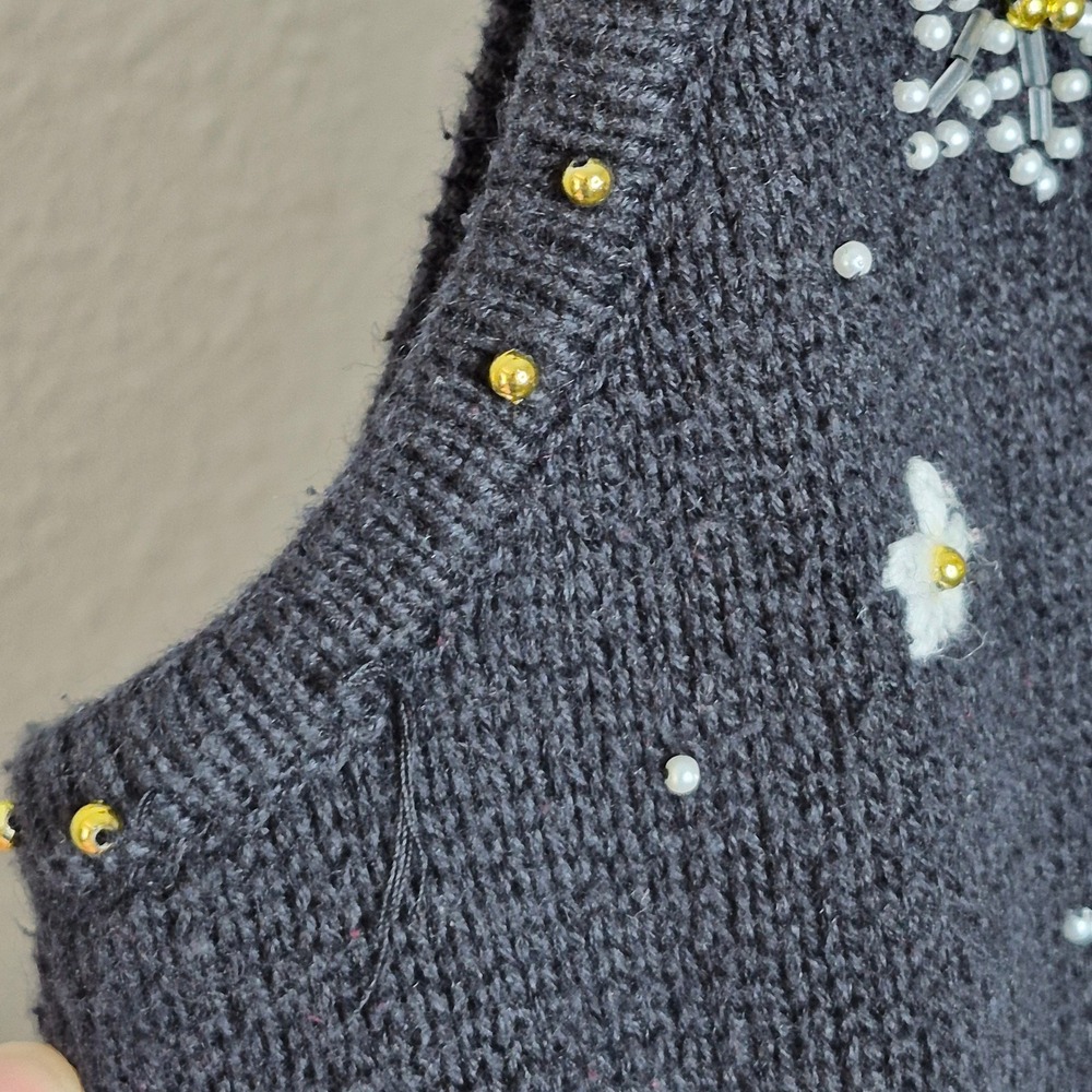Vintage Erika Ugly Christmas Sweater Vest Poinsettia Beaded Zip Front XL Festive - Picture 4 of 8
